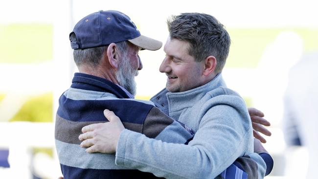 Trainer Matthew Kelley (right) celebrates after winning a Highway with I’ve Bean Tryin’. Picture: Mark Evans/Getty Images