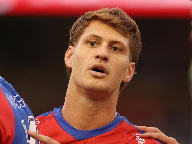 NEWCASTLE, AUSTRALIA - FEBRUARY 21: Kalyn Ponga of the Knights warms up during the NRL Trial match between the Canterbury Bulldogs and the Newcastle Knights at McDonald Jones Stadium on February 21, 2022 in Newcastle, Australia. (Photo by Ashley Feder/Getty Images)