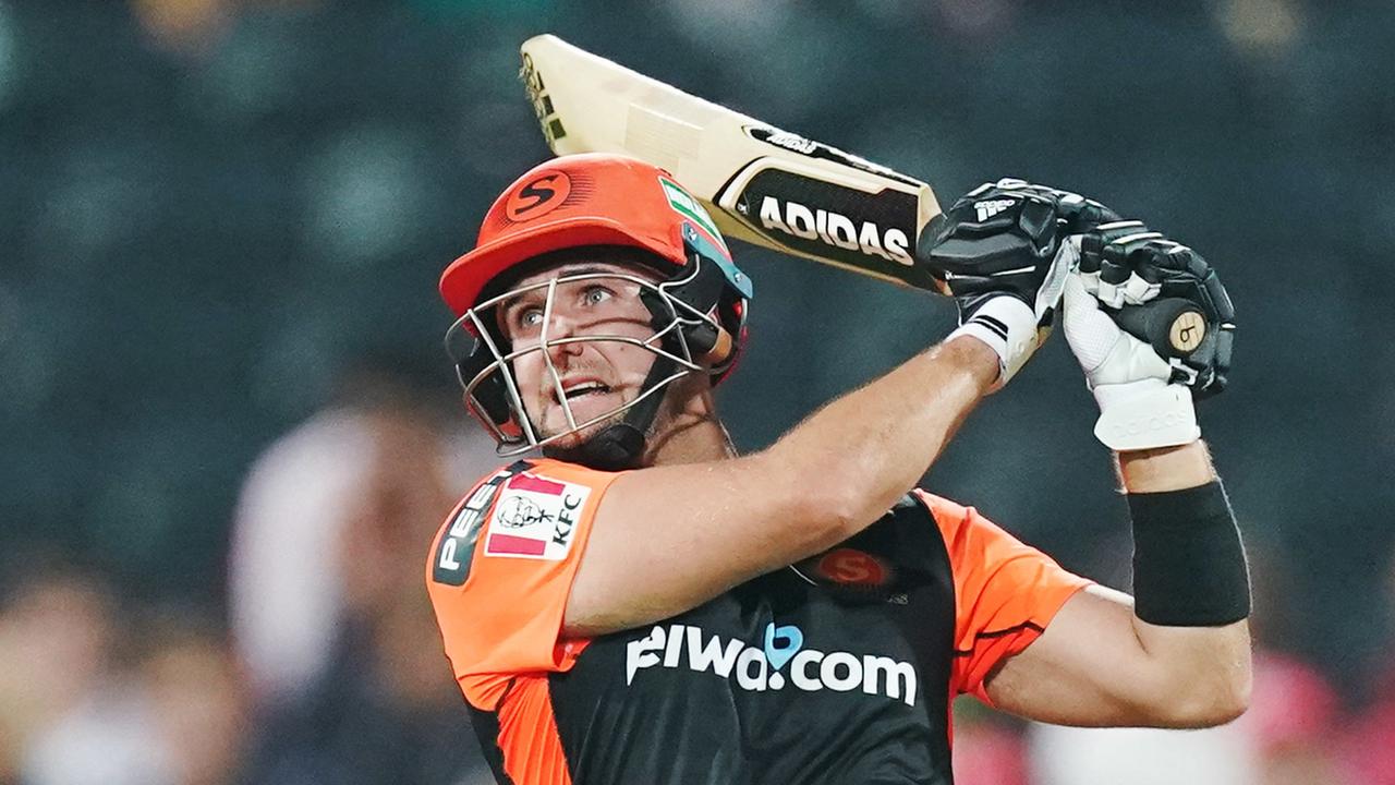 Liam Livingstone tees off during Perth Scorchers’ victory over Melbourne Renegades in Geelong.