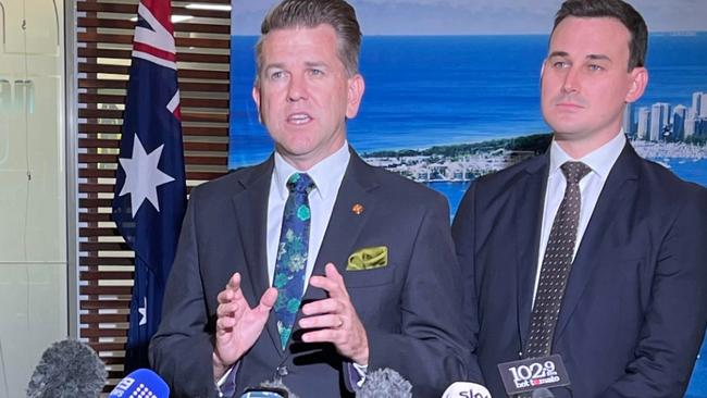 Deputy Premier Jarrod Bleijie and Housing Minister Sam O'Connor at the Gold Coast City Council chambers, announcing the new Government would stop the Arundel Hills development. Pic: Paul Weston.