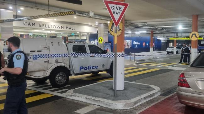 Police tape off Campbelltown mall carpark to investigate potential bomb threat. Picture: Daniel Cope