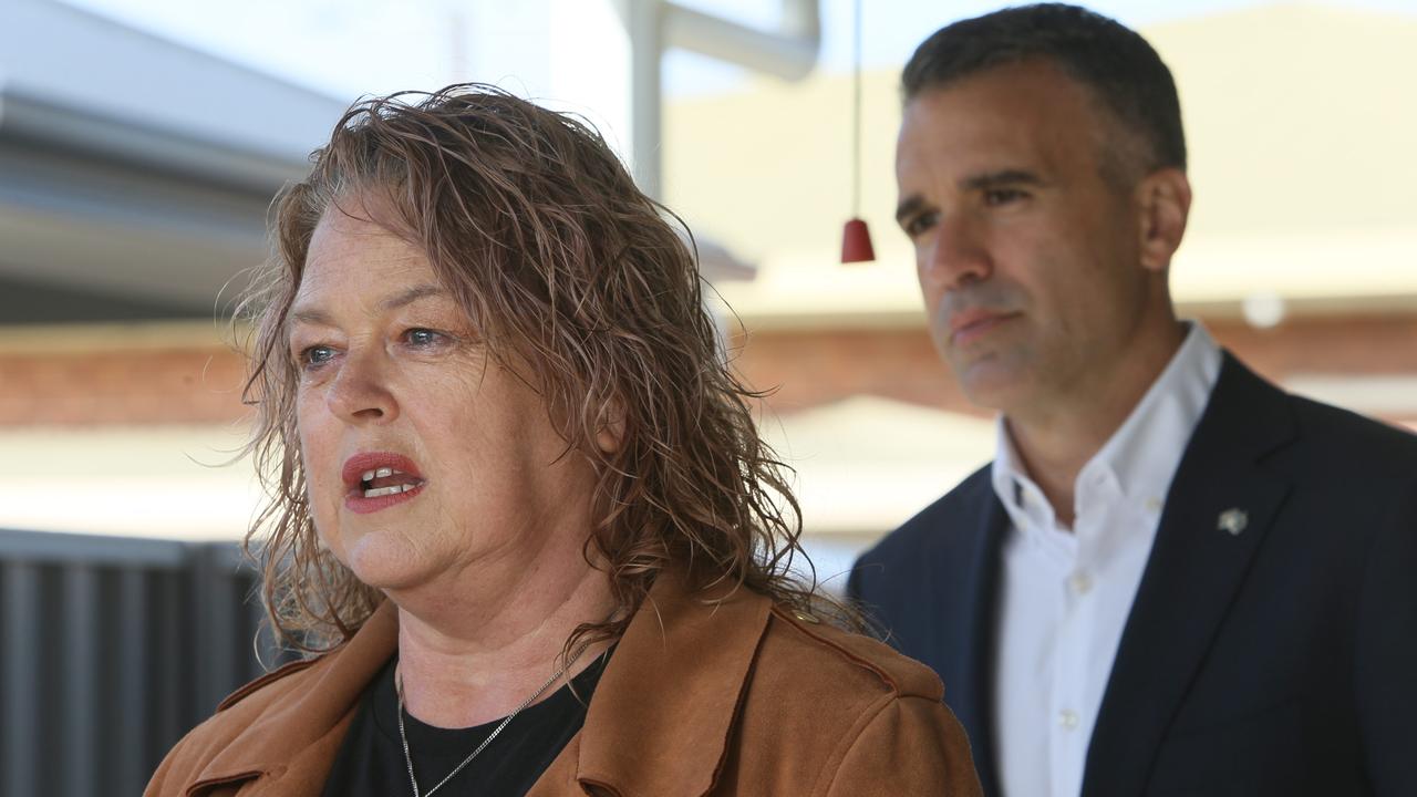 Human Services Minister Nat Cook with Premier Peter Malinauskas outside one of the new six-home public housing development in Ferrymen Park, SA. Picture Emma Brasier