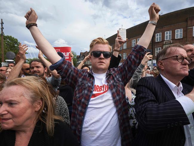 A supporter of Jeremy Corbyn gestures during a rally in Watford on June 7. Picture: Niklas Hallen/AFP