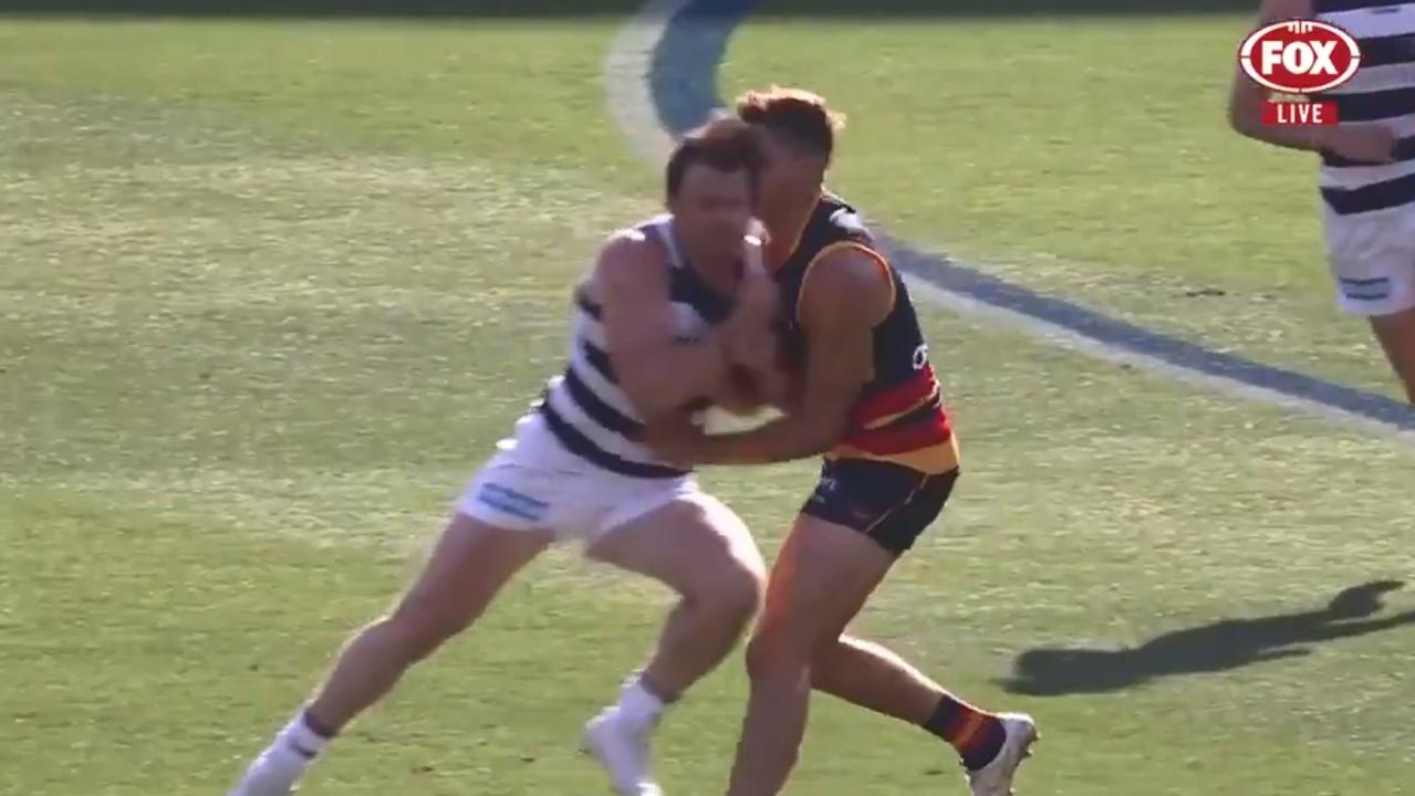 Patrick Dangerfield’s heavy bump on Jake Kelly.