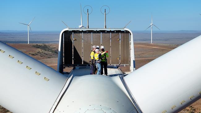 Premier Peter Malinauskas atop a wind turbine at a wind farm outside Port Augusta in February. Picture: Supplied