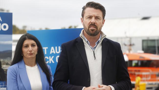 Liberal senator Jonno Duniam with Liberal candidate for Clark Marilena Di Florio in Hobart. Picture: Nikki Davis-Jones
