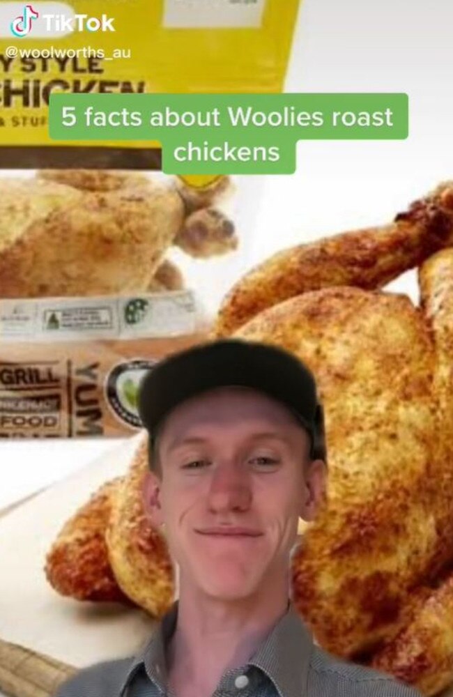 Woolworths staffer Liam Kirley, who runs the chain’s page revealed five facts about Woolies roast chickens. Picture: TikTok/woolworths_au