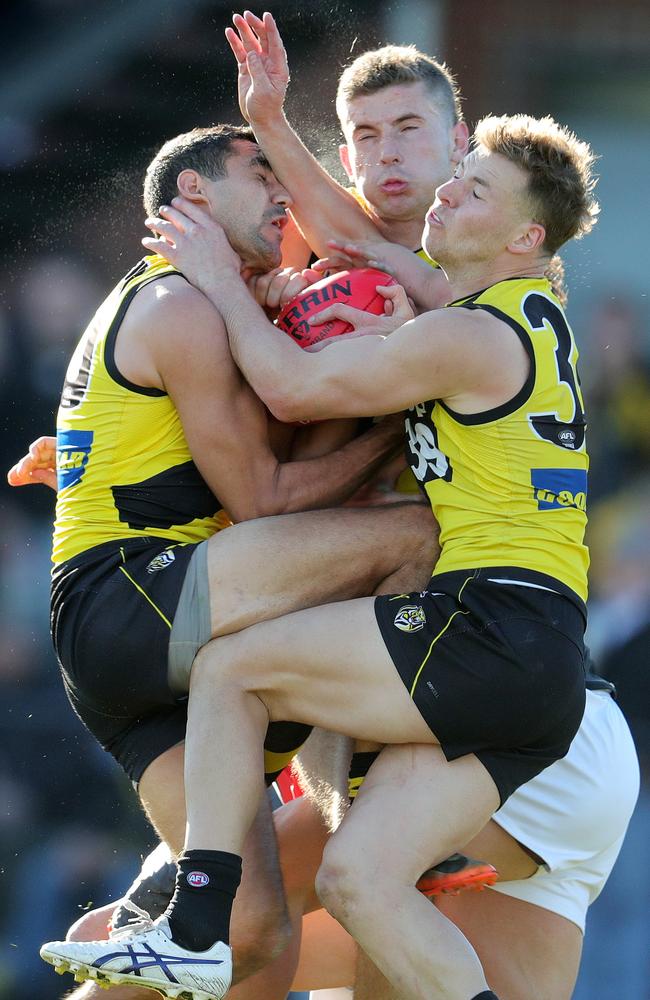 Marlion Pickett had a big September, starting with helping Richmond’s VFL side come from 40 points down against Essendon in the qualifying final with this incredible mark. Picture: Michael Klein