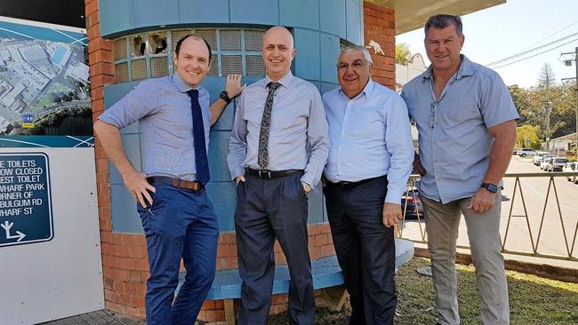 WASTE NOT: Nationals Candidate for Lismore Austin Curtin, Tweed Shire Council general manager Troy Green, Lismore MP Thomas George and Cr Pryce Allsop at the Queen Street amenities block. Picture: Contributed