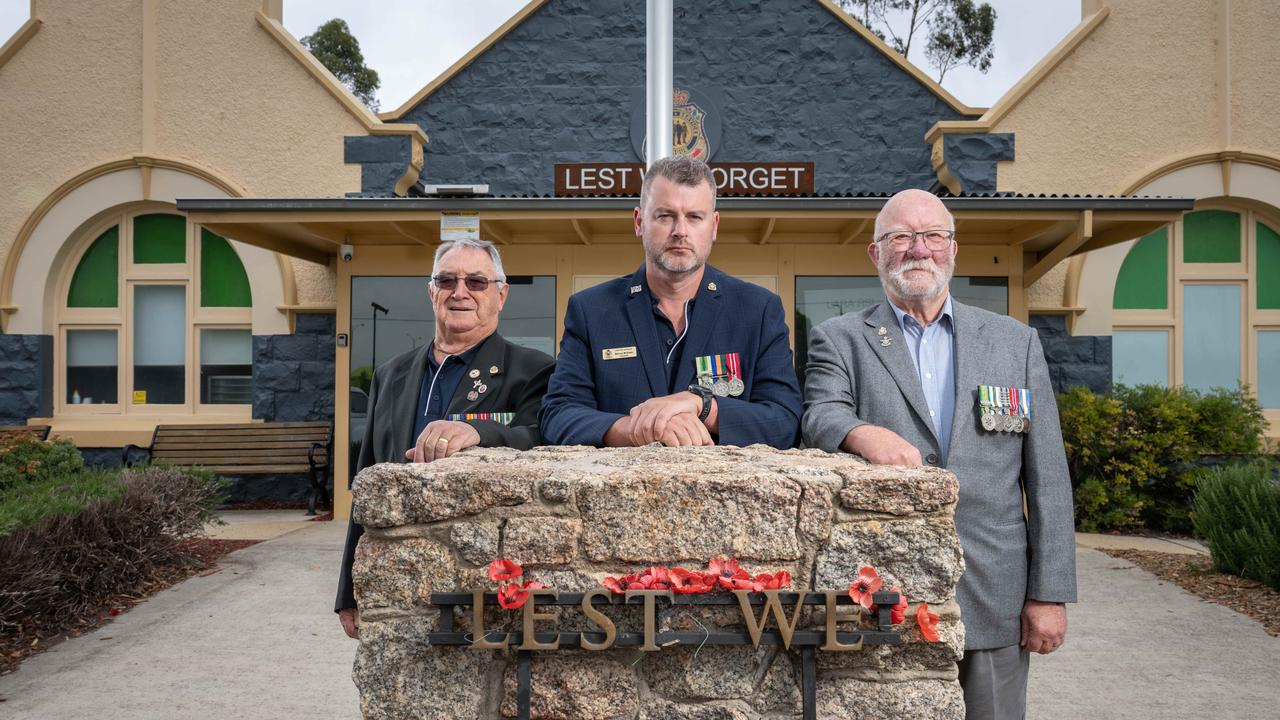 Veterans Kevin Bate, Marcus McEwen and Robert Schouten will attend Tuesday night’s Geelong council meeting after being on the receiving end of abuse last month. Picture: Brad Fleet.