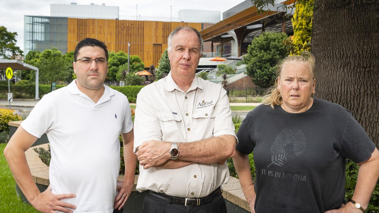 Wanting more support for victims are (from left) Aaron McMahon, Ken Cunliffe and Karynne Paull of Voice of Victims, a recently formed Toowoomba victims of crime advocacy group. Picture: Kevin Farmer