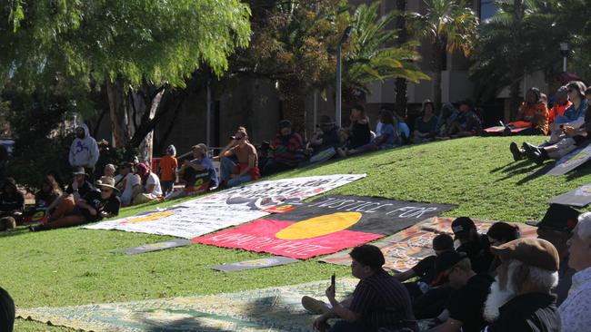 A rally demanding justice for Kumanjayi White was held on the courthouse lawns in Alice Springs. Picture: Gera Kazakov