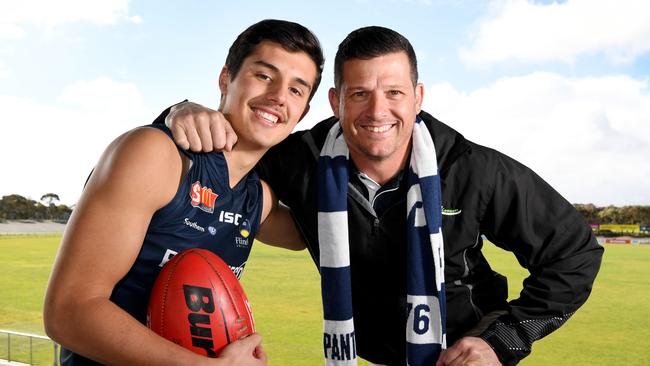 South Adelaide draft prospect Hayden Sampson with his dad Clay Sampson, a Crows premiership player. Picture: Tricia Watkinson