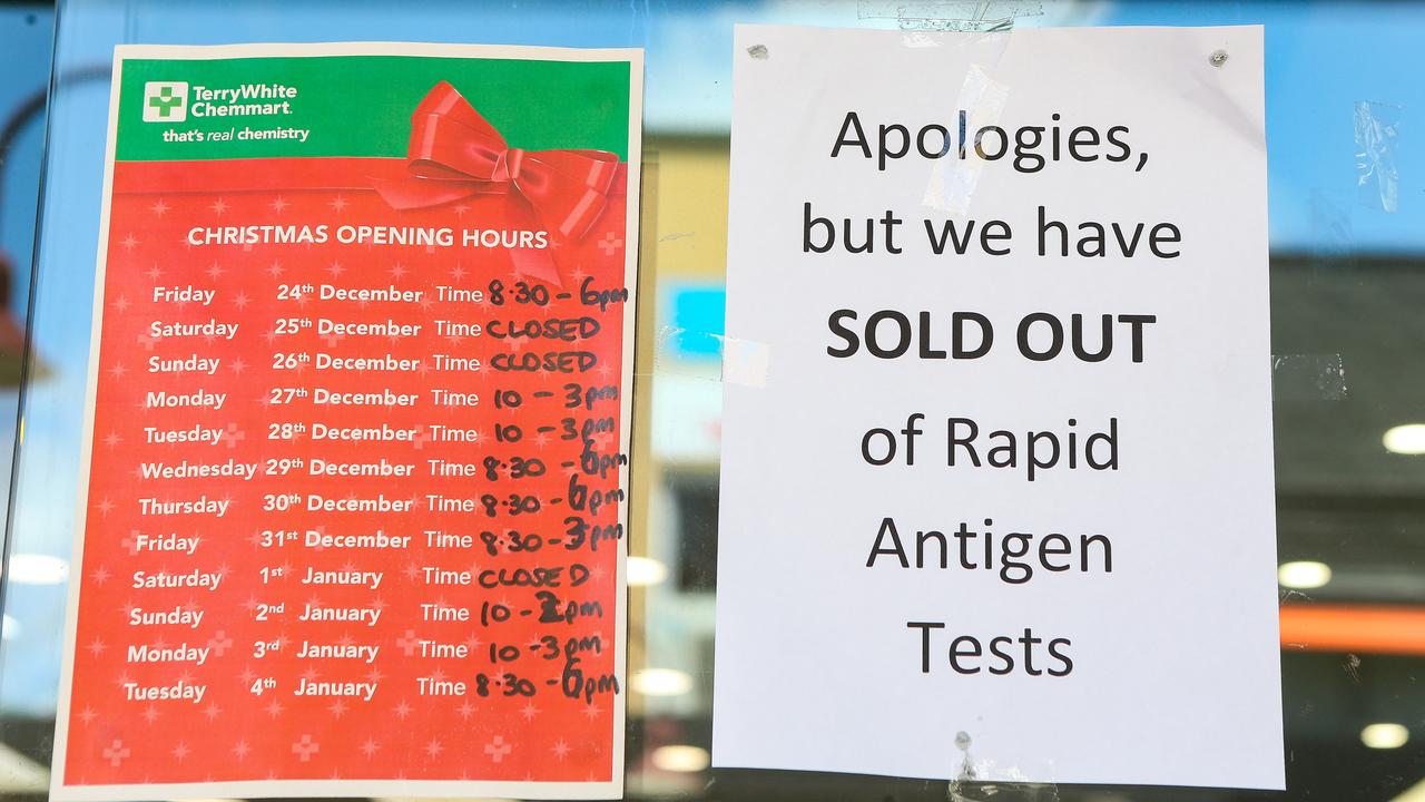 A TerryWhite Chemmart window displaying Rapid Antigen testing kits are sold out, in Crows Nest, Sydney. Picture: NCA NewsWire