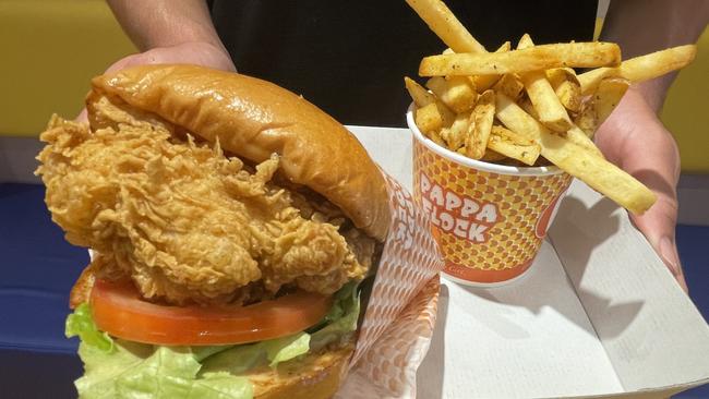 The crispy chicken burger and fries at Pappa Flock.