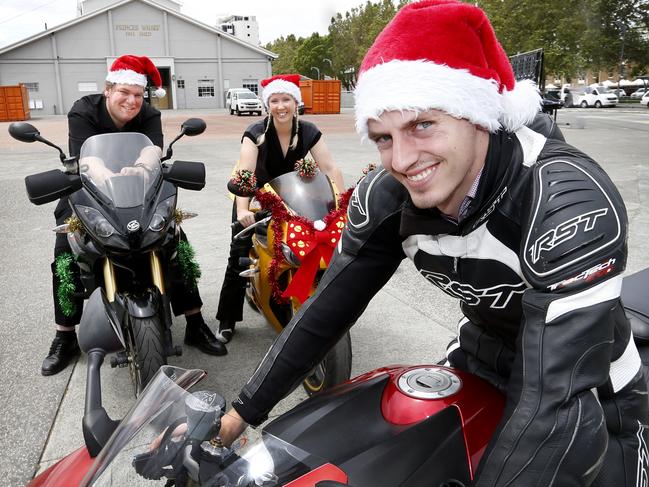 Preview to the toy run which is on this weekend.picture of riders from left, Jim Woodward, from Mornington, Alyce Fenton of New Norfolk and in front Steve Mason of Moonah, picture;KIM EISZELE