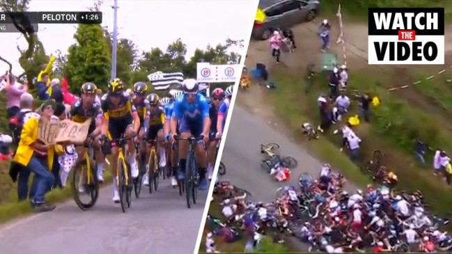 Spectator with sign causes huge crash at Tour de France (NBC Sports)