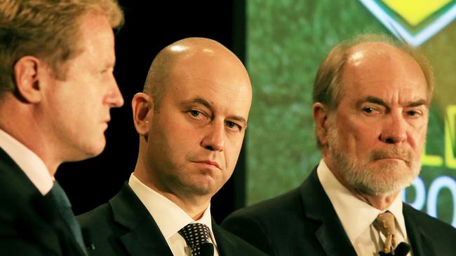 Former NRL Dave Smith with new CEO Todd Greenberg and ARL Chairman John Grant. Picture: Mark Evans