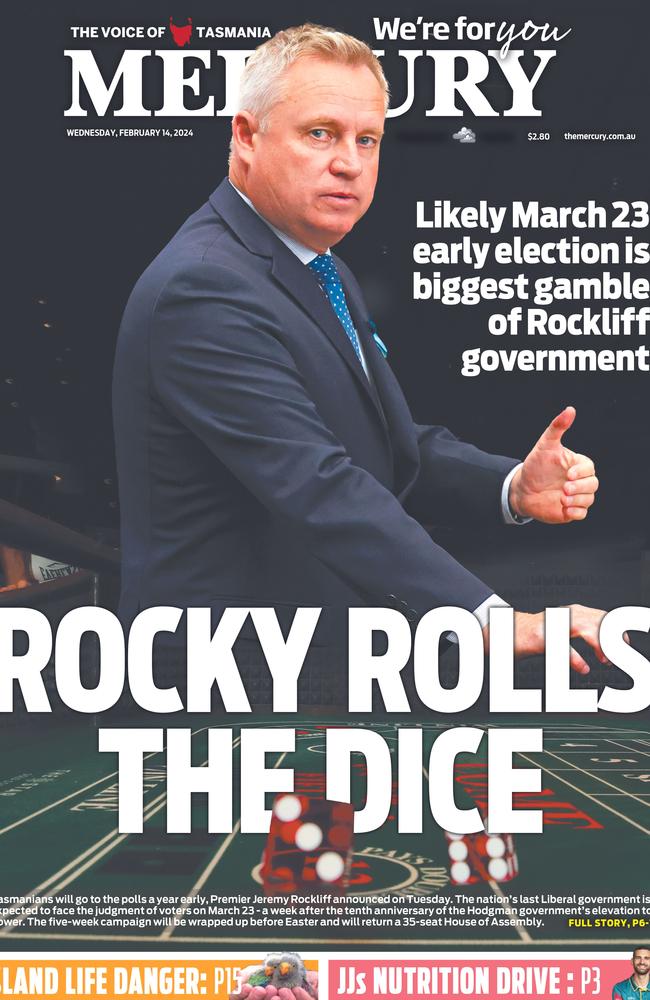 Front page of The Mercury for February 14, 2024 after Jeremy Rockliff announces an election is on.