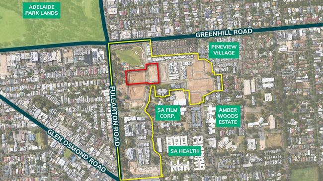 Map of the Glenside housing development area. The area in red is the site subject to the code amendment, where the four towers would go.