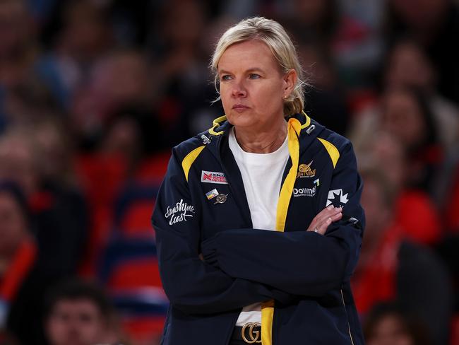 SYDNEY, AUSTRALIA - nda Reynolds MAY 07: Lightning coach Belinda Reynolds watches on during the round eight Super Netball match between NSW Swifts and Sunshine Coast Lightning at Ken Rosewall Arena, on May 07, 2023, in Sydney, Australia. (Photo by Mark Kolbe/Getty Images)