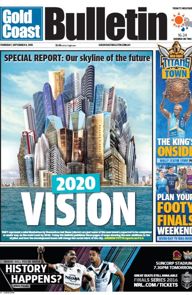 Gold Coast Bulletin’s 2020 vision front page, 2016.