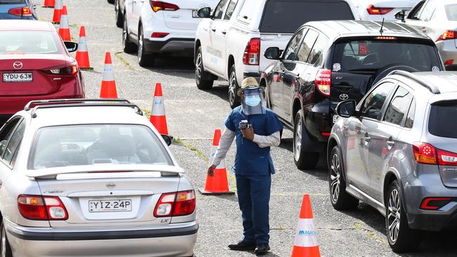 Cars queue at the Bondi Beach Covid-19 drive thru testing site today. Picture: Newscorp Daily Telegraph / Gaye Gerard