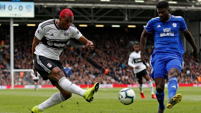 Fulham defender Ryan Babel — complete with bright red hair — slotted the only goal of his side’s clash with Cardiff City. Picture: AFP