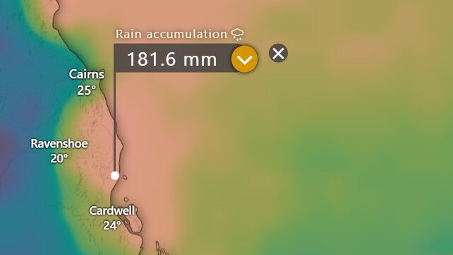 A five day rain accumulation map showing heavy rain predictions for the Cassowary Coast and the Daintree. Picture: Windy