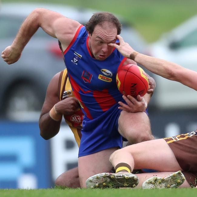 Beechworth’s Brenton Surrey played his 300th match on Saturday when the Bushrangers downed Kiewa-Sandy Creek. Picture Yuri Kouzmin