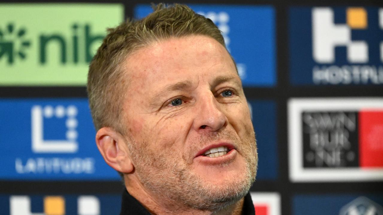 MELBOURNE, AUSTRALIA – MAY 23: Damien Hardwick the coach of the Tigers speaks to the media where he announced his retirement during a Richmond Tigers AFL press conference at Punt Road Oval on May 23, 2023 in Melbourne, Australia. (Photo by Quinn Rooney/Getty Images)