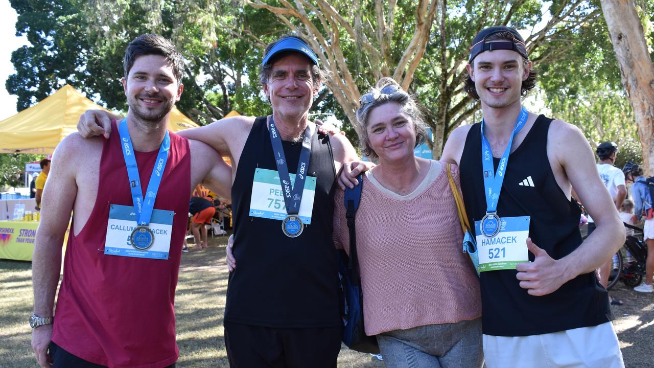 Callum, Stephen and Paris Hamacek and Anita Sweeney at the Noosa Marathon 2024.