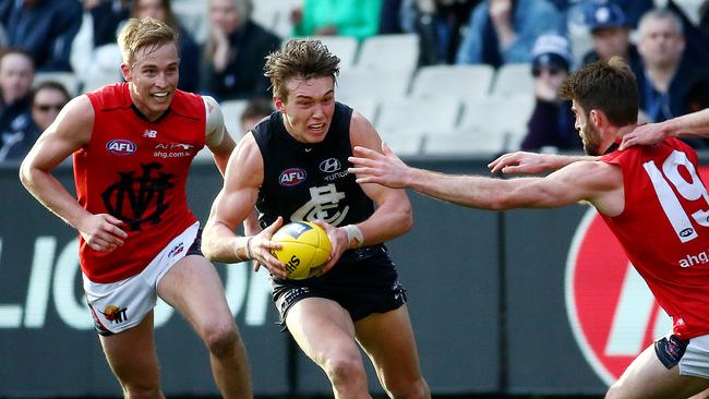 Patrick Cripps starred against the Dees with 26 disposals and two goals. Picture: Colleen Petch