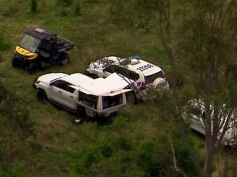 Investigations are underway after the discovery of human remains on a regional property at Booubyjan, about 100km west of Gympie. Picture: Channel 7