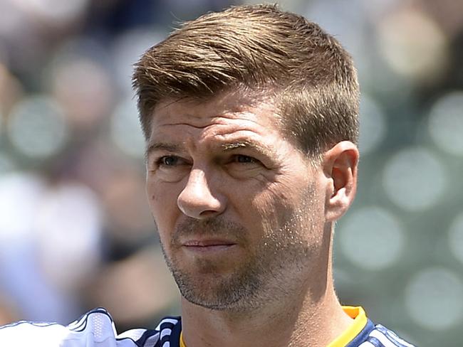 CARSON CA - AUGUST 9: Steven Gerrard #8 of the Los Angeles Galaxy waves at his family in the owner box before the start of soccer match between Los Angeles Galaxy and Seattle Sounders at StubHub Center August 9, 2015, in Carson, California. (Photo by Kevork Djansezian/Getty Images)