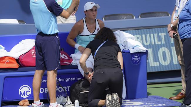 Ashleigh Barty receives a medical time-out during loss against Svetlana Kuznetsova. Picture: AP