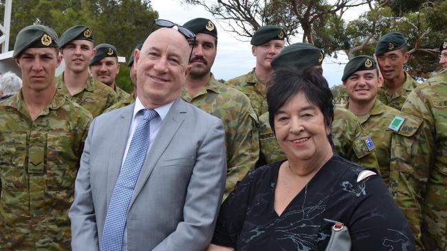 Whyalla Mayor Lyn Breuer with sitting ALP member Eddie Hughes seconds after Angela Antonio was allegedly assaulted by Ms Breuer.