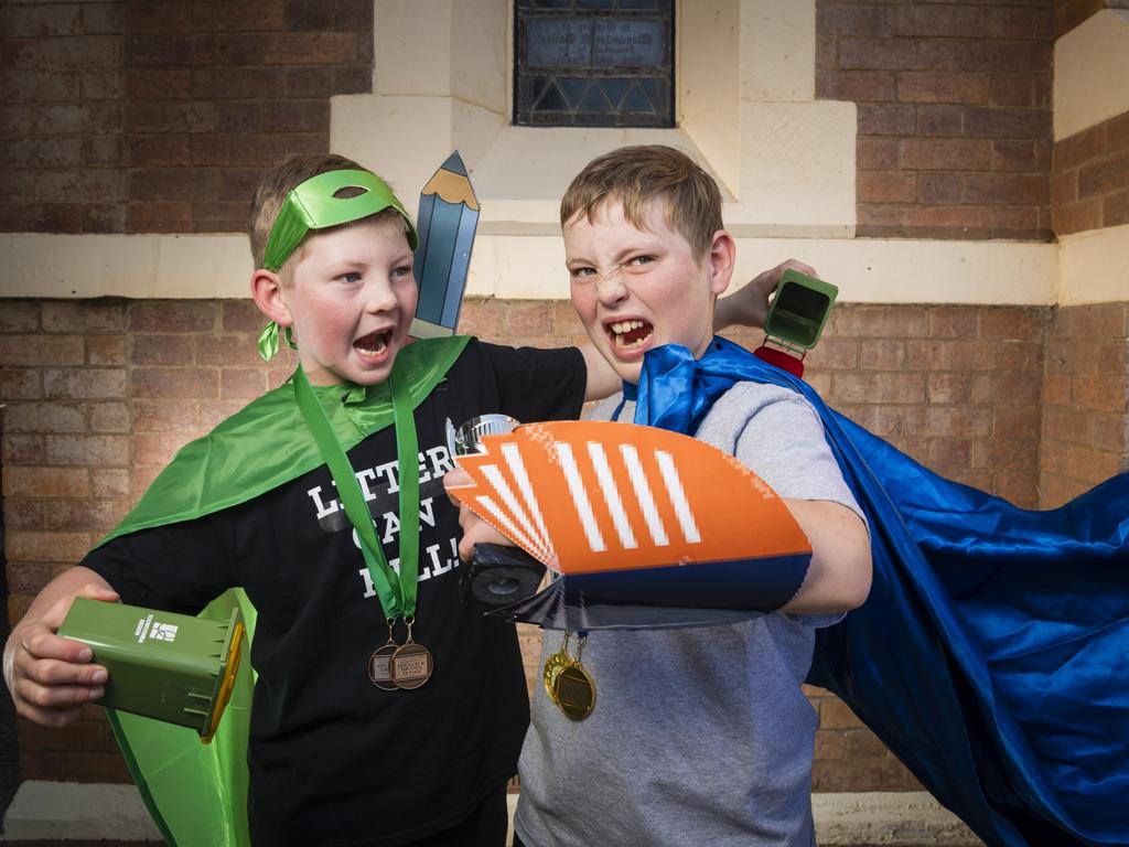 Brothers Patterson and Lawson Plumbe after competing in solo speech and drama sections of the 77th City of Toowoomba Eisteddfod at Empire Theatres, Monday, July 31, 2023. Picture: Kevin Farmer