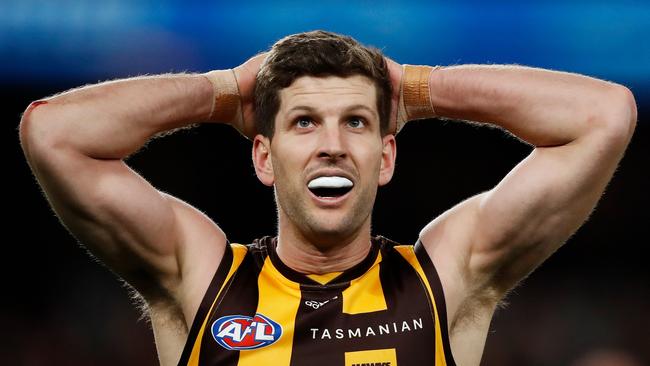MELBOURNE, AUSTRALIA - JULY 30: Luke Breust of the Hawks reacts to a missed shot on goal during the 2022 AFL Round 20 match between the St Kilda Saints and the Hawthorn Hawks at Marvel Stadium on July 30, 2022 in Melbourne, Australia. (Photo by Dylan Burns/AFL Photos via Getty Images)