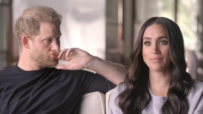 EPISODE 6: Harry and Meghan Netflix docuseries episode 6. Pictured: Meghan Markle and Prince Harry talking about Meghan's miscarriage. Picture: Netflix