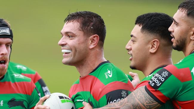 SYDNEY, AUSTRALIA - FEBRUARY 23: Braidon Burns of the Rabbitohs reacts during the NRL Pre-season challenge match between South Sydney Rabbitohs and Sydney Roosters at Belmore Sports Ground on February 23, 2024 in Sydney, Australia. (Photo by Jason McCawley/Getty Images)