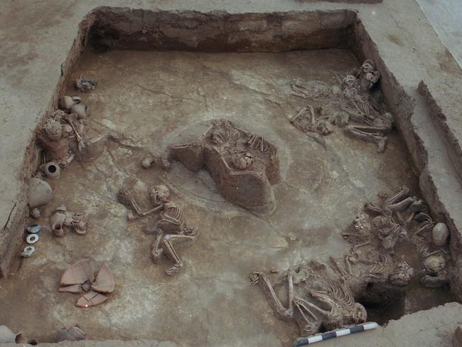 Remains of a 4000 year old settlement, crushed by an enormous earthquake and landslide which may have dammed the Yellow River. The flood after its subsequent collapse has passed into Chinese mythology.