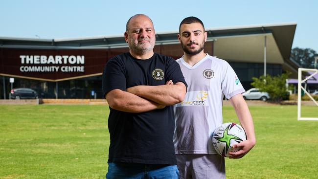 President, Peter Bouras with his son, Yanni Bouras from MA Hawks Football Club at Kings Reserve in Torrensville, where a Crows redevelopment has left the team in limbo, Tuesday, Nov. 8, 2022. Picture: Matt Loxton