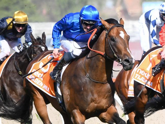 Golden Mile ridden by James McDonald wins the Neds Caulfield Guineas at Caulfield Racecourse on October 08, 2022 in Caulfield, Australia. (Photo by Pat Scala/Racing Photos via Getty Images)