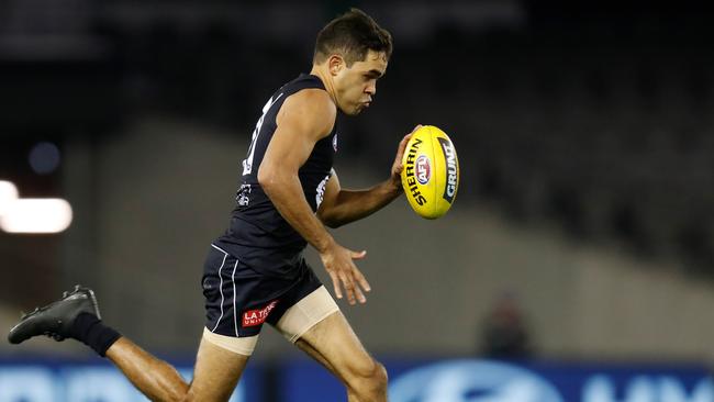 MELBOURNE, AUSTRALIA – JUNE 13: Jack Martin of the Blues in action during the 2020 AFL Round 02 match between the Carlton Blues and the Melbourne Demons at Marvel Stadium on June 13, 2020 in Melbourne, Australia. (Photo by Michael Willson/AFL Photos via Getty Images)