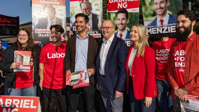 Labor candidate Gabriel Ng, pictured with Anthony Albanese and Jodie Haydon, is on track to unseat Liberal MP Keith Wolahan in Menzies. Picture: Jason Edwards/NewsWire