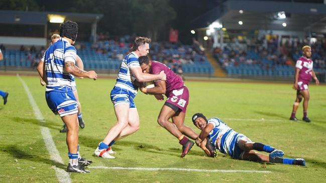 2021 CDRL preliminary final between Cairns Brothers and Yarrabah Seahawks. Seahawks’ co-captain Dale Ambrym makes a charge upfield. Picture: Nuno Avendano