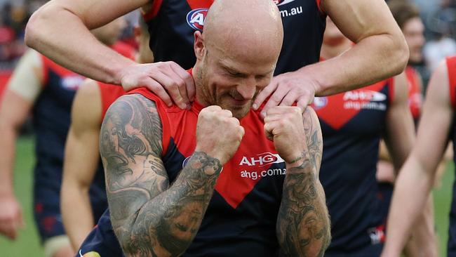 Nathan Jones celebrates the breakthrough win over Hawthorn. Picture: Wayne Ludbey