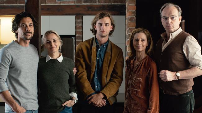 The Love Me cast. From left: Bob Morley, Bojana Novakovic, William Lodder, Heather Mitchell and Hugo Weaving. Picture: Binge