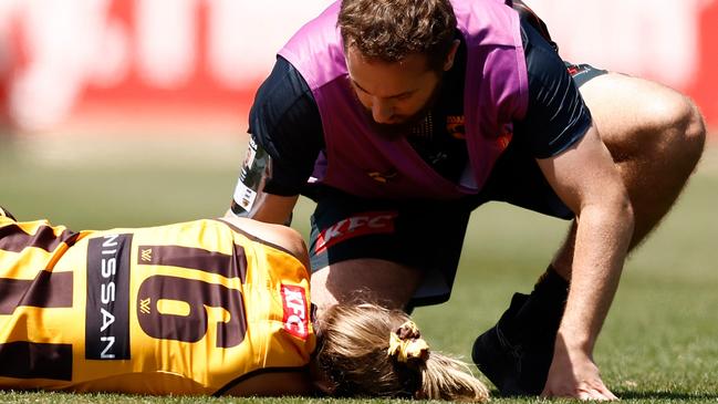 Brisbane midfielder Belle Dawes is challenging a one-match ban for a high bump on Hawthorn defender Ainslie Kemp (pictured). Picture: Michael Willson / Getty Images